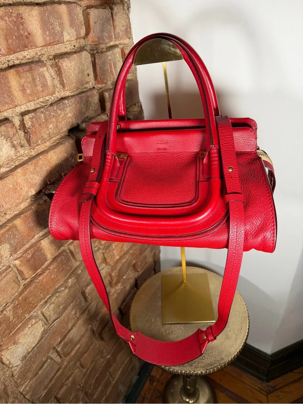 Chloé Everston Medium Red Leather Satchel Top Handle Shoulder Crossbody Bag